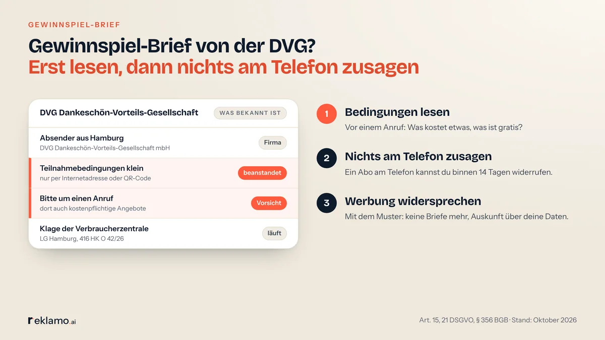 Infografik: Gewinnspiel-Brief der DVG Dankeschön-Vorteils-Gesellschaft, Teilnahmebedingungen nur per Internetadresse oder QR-Code, Bitte um einen Anruf mit kostenpflichtigen Angeboten, Klage der Verbraucherzentrale beim LG Hamburg, dazu drei Schritte