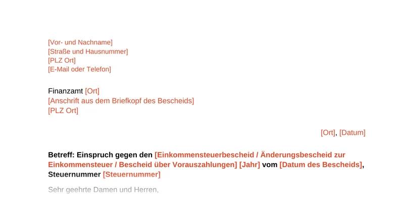 Vorschau von Muster 1, Einspruch gegen den Steuerbescheid als PDF: Absender, Finanzamt, Datum und Betreff mit Steuernummer
