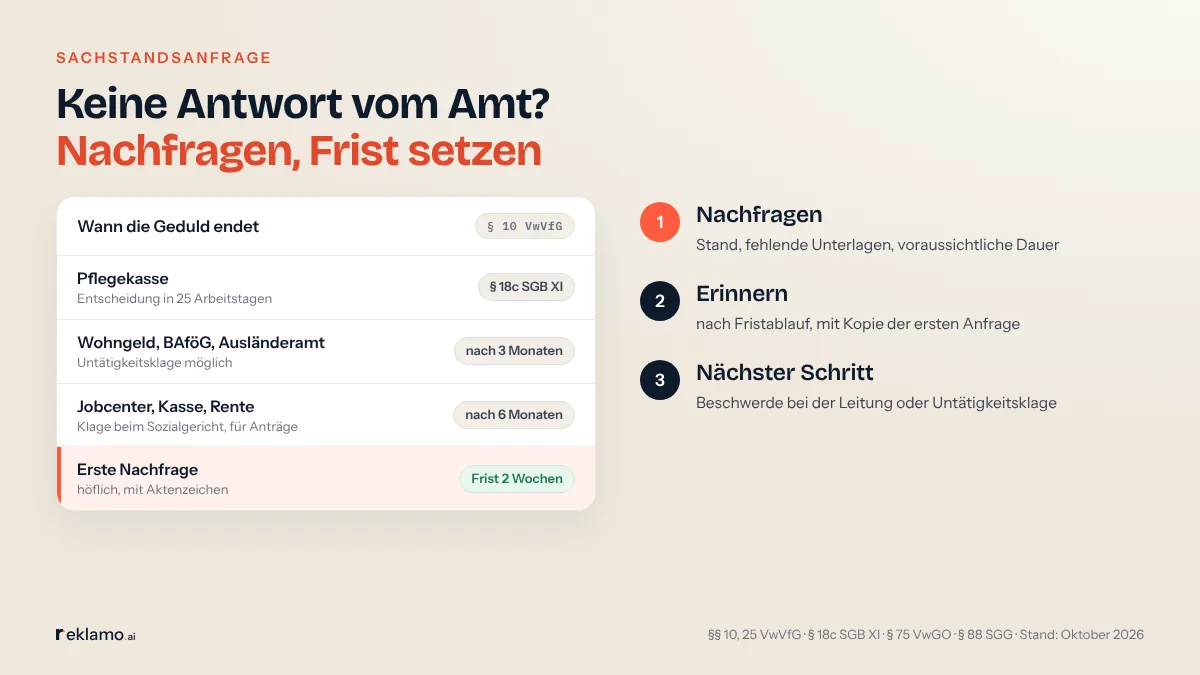 Infografik: Keine Antwort vom Amt? Nachfragen, Frist setzen. Karte Wann die Geduld endet, § 10 VwVfG: Pflegekasse, Entscheidung in 25 Arbeitstagen nach § 18c SGB XI; Wohngeld, BAföG, Ausländeramt, Untätigkeitsklage nach 3 Monaten; Jobcenter, Kasse, Rente, Klage beim Sozialgericht für Anträge nach 6 Monaten; erste Nachfrage höflich mit Aktenzeichen, Frist 2 Wochen. Schritte: nachfragen, erinnern, nächster Schritt.