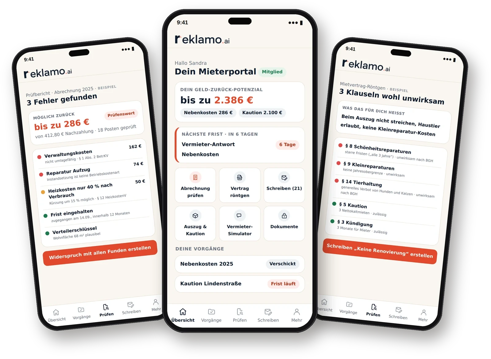 Reklamo auf dem Handy: Prüfbericht mit Funden, Mieterportal mit Geld-zurück-Potenzial und Mietvertrag-Röntgen (Beispieldaten)