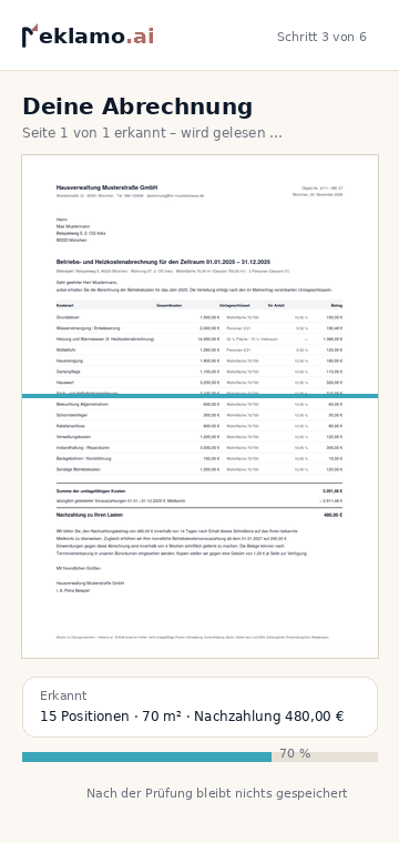 Muster einer Nebenkostenabrechnung 2025 mit Nachzahlung 480 Euro