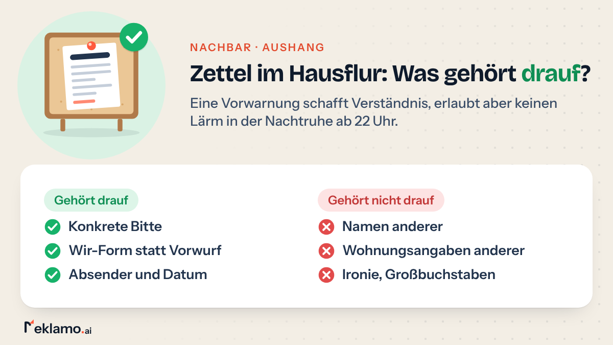 Infografik: Aushang für Nachbarn, auf den Zettel gehören konkrete Bitte, Wir-Form, Absender und Datum, nicht aber Namen oder Wohnungsangaben anderer