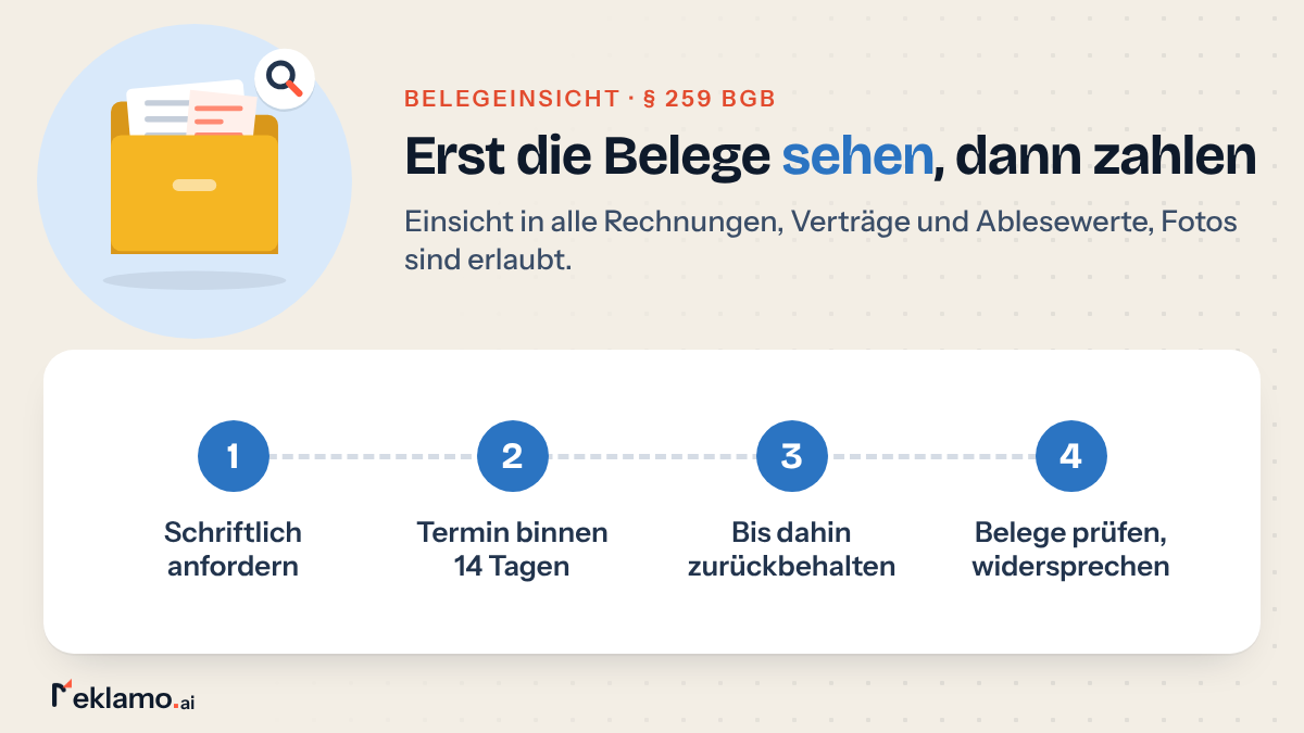 Infografik: Belegeinsicht bei Nebenkosten, schriftlich anfordern, Termin binnen 14 Tagen, Nachzahlung bis dahin zurückbehalten, Belege prüfen