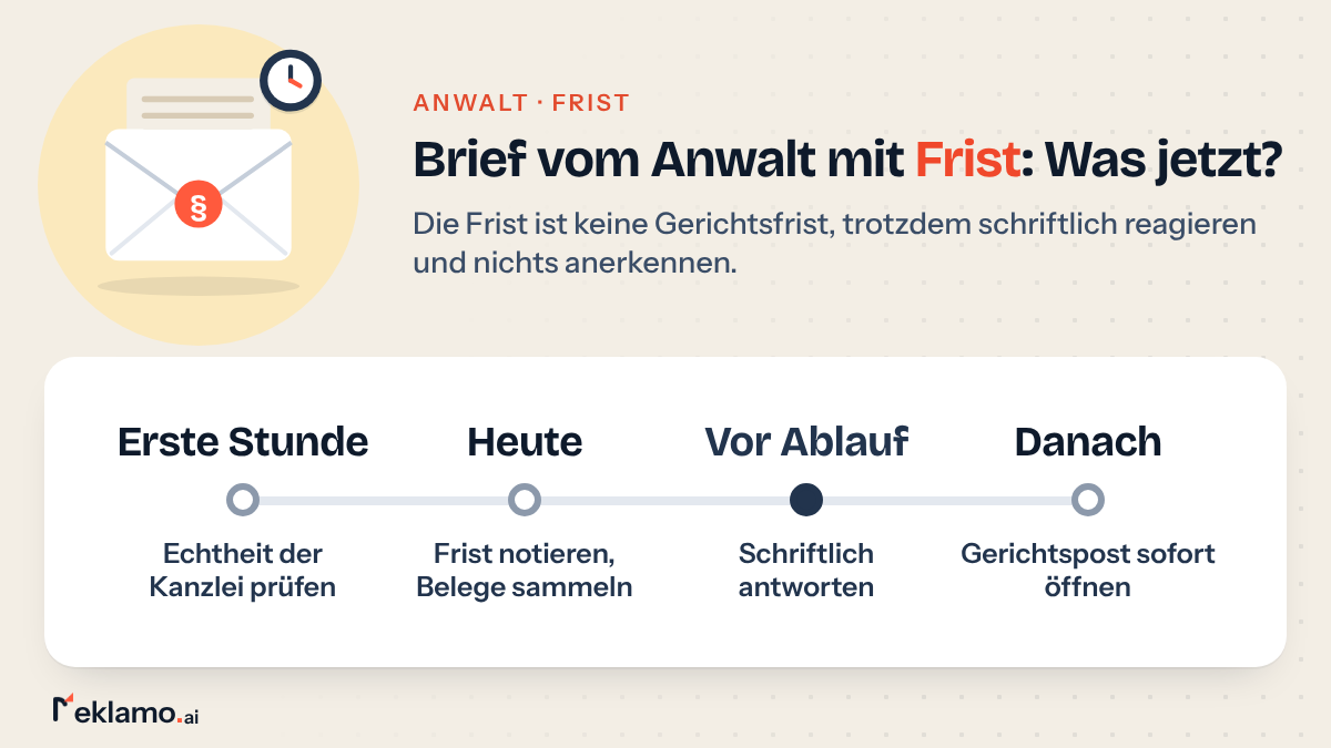 Zeitstrahl: Brief vom Anwalt mit Frist, zuerst Echtheit prüfen, dann Frist notieren und Belege sammeln, vor Ablauf schriftlich antworten