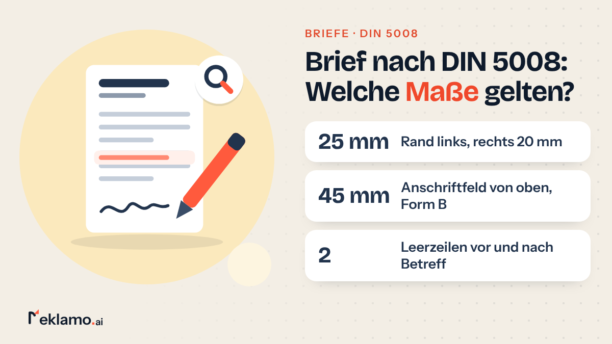 Infografik: Brief nach DIN 5008, linker Rand 25 mm, rechter 20 mm, Anschriftfeld bei Form B 45 mm von oben, 2 Leerzeilen vor und nach dem Betreff