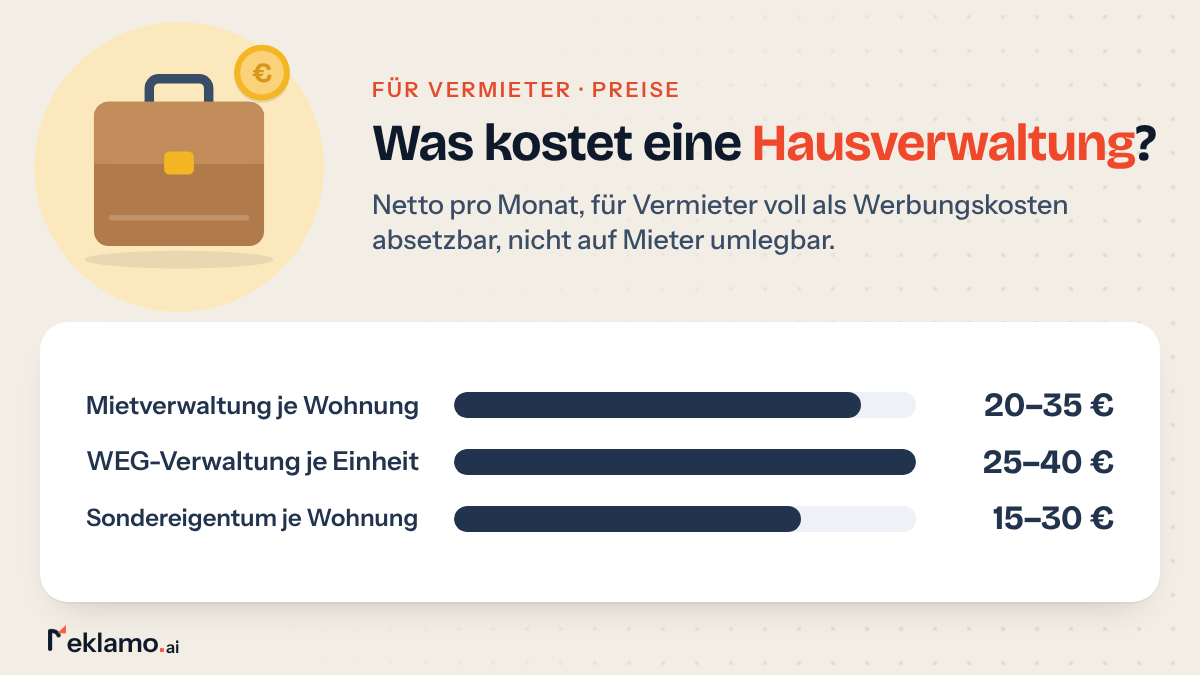 Balkengrafik: Hausverwaltung Kosten pro Monat netto, Mietverwaltung 20–35 € je Wohnung, WEG-Verwaltung 25–40 €, Sondereigentumsverwaltung 15–30 €.