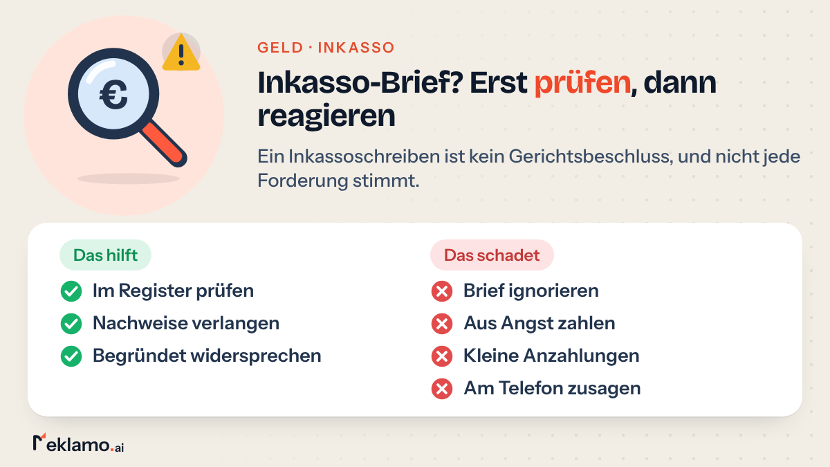 Infografik: Inkasso-Widerspruch, Register prüfen, Nachweise verlangen und begründet widersprechen hilft, ignorieren oder aus Angst zahlen schadet