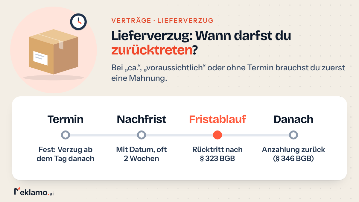 Zeitstrahl: Lieferverzug ab dem Tag nach dem festen Termin, Nachfrist mit Datum, oft 2 Wochen, danach Rücktritt und Anzahlung zurück
