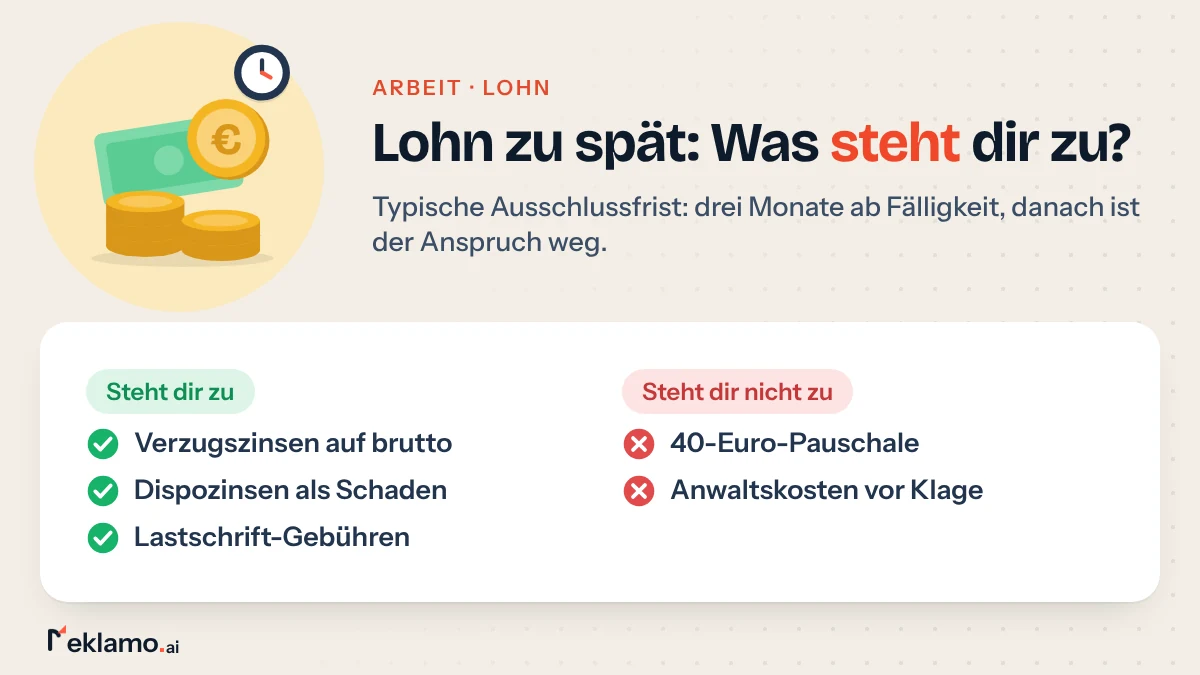 Infografik: Lohn einfordern, bei Verspätung stehen dir Verzugszinsen auf brutto und Dispozinsen zu, die 40-Euro-Pauschale dagegen nicht