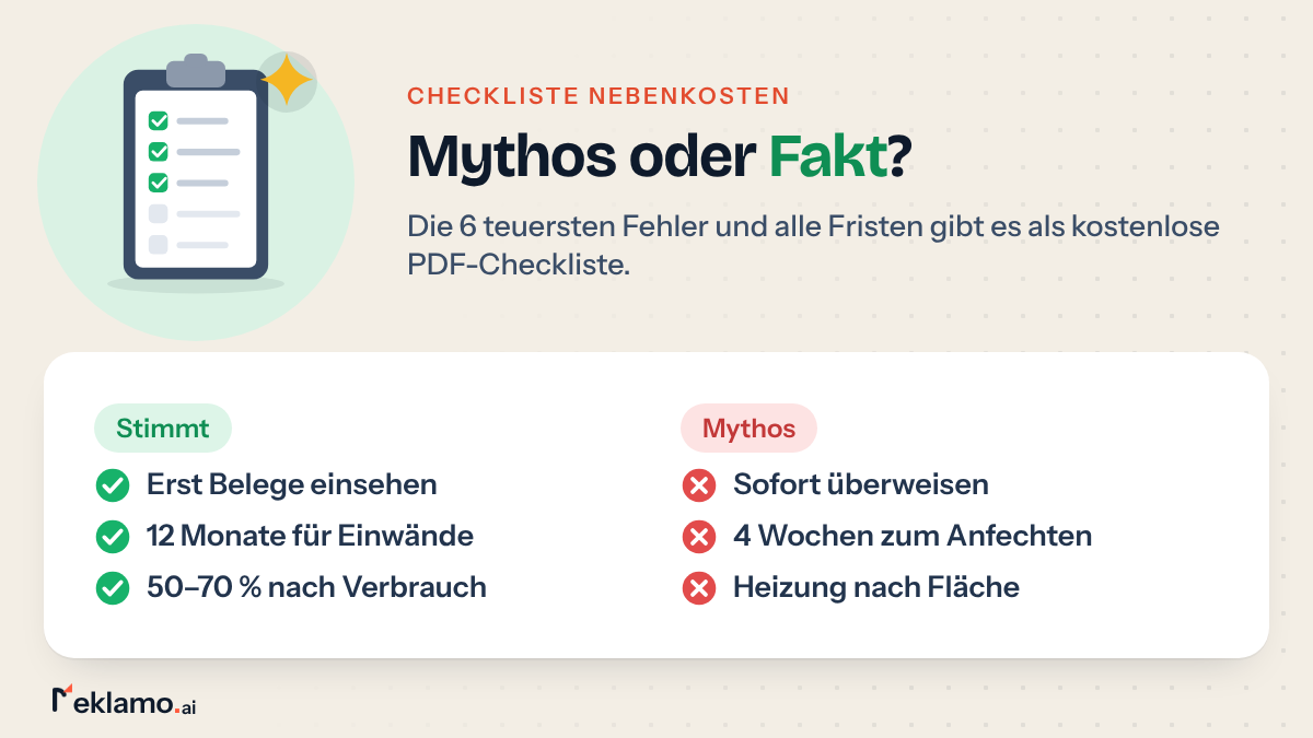 Übersicht: Checkliste zur Nebenkostenabrechnung mit Mythen wie sofort überweisen oder 4 Wochen Anfechtungsfrist, tatsächlich gelten 12 Monate