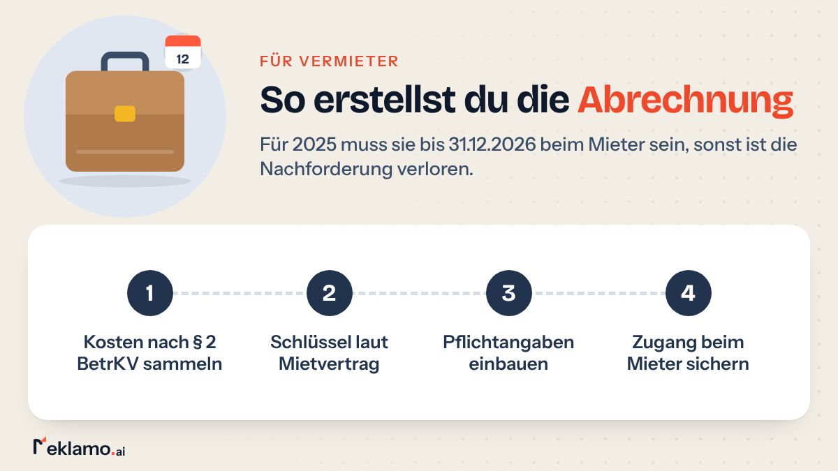 Infografik: Nebenkostenabrechnung erstellen als Vermieter, Kosten sammeln, Schlüssel laut Mietvertrag, Pflichtangaben einbauen, Zugang sichern