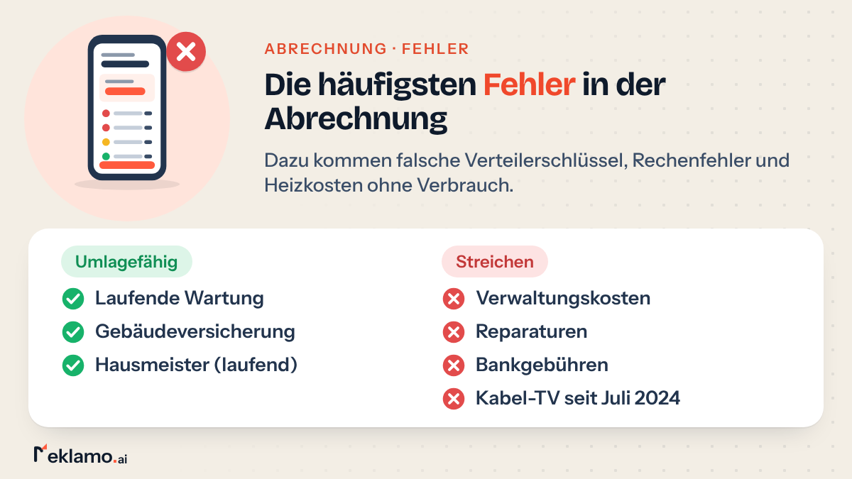 Übersicht: häufige Fehler in der Nebenkostenabrechnung, Verwaltungskosten, Reparaturen, Bankgebühren und Kabel-TV seit Juli 2024 sind zu streichen