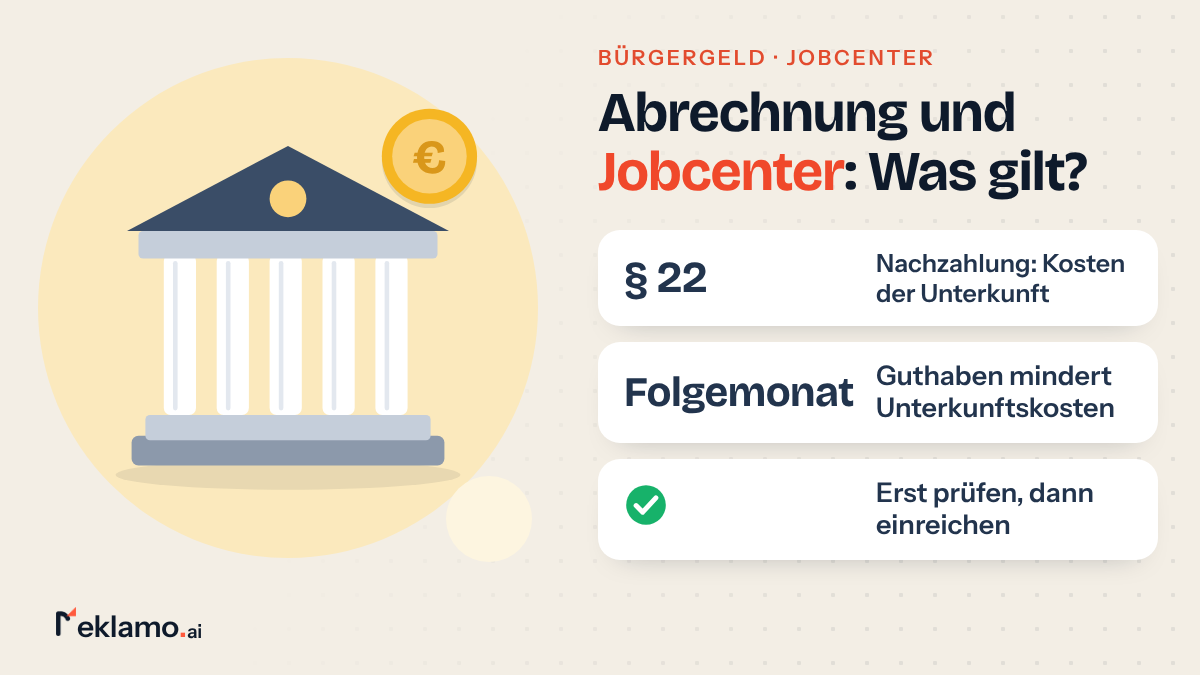 Infografik: Nebenkostenabrechnung und Jobcenter, die Nachzahlung zählt als Kosten der Unterkunft, ein Guthaben mindert sie im Folgemonat
