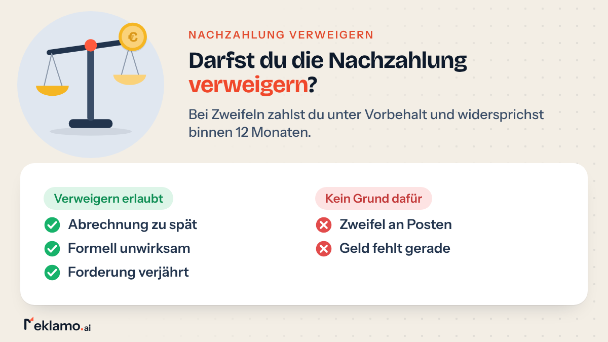 Übersicht: Die Nebenkostenabrechnung nicht bezahlen darfst du nur bei verpasster Frist, Formfehlern oder Verjährung, Zweifel an Posten reichen nicht