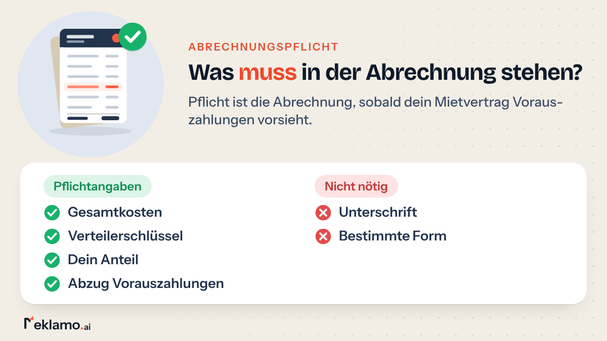 Übersicht: Pflichtangaben der Nebenkostenabrechnung sind Gesamtkosten, Verteilerschlüssel, dein Anteil und der Abzug deiner Vorauszahlungen
