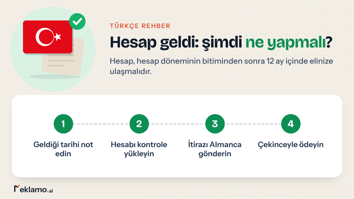 İnfografik: Nebenkostenabrechnung Türkçe rehberi, hesap geldiğinde tarihi not etme, kontrol, Almanca itiraz ve çekinceyle ödeme adımları
