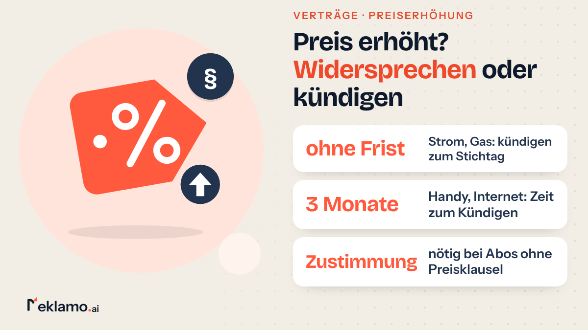 Infografik: Preiserhöhung widersprechen oder kündigen, Strom und Gas ohne Frist zum Stichtag, Handy binnen 3 Monaten, Abos nur mit Zustimmung