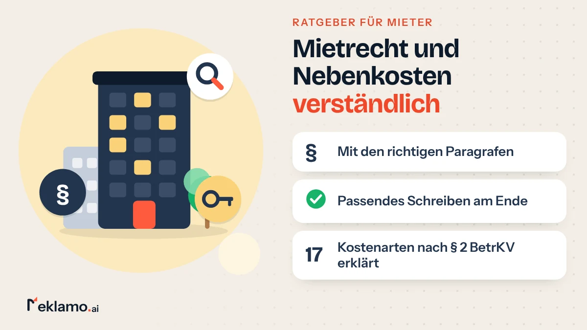 Infografik: Ratgeber für Mieter zu Mietrecht und Nebenkosten, verständlich erklärt mit Paragrafen und passendem Musterschreiben
