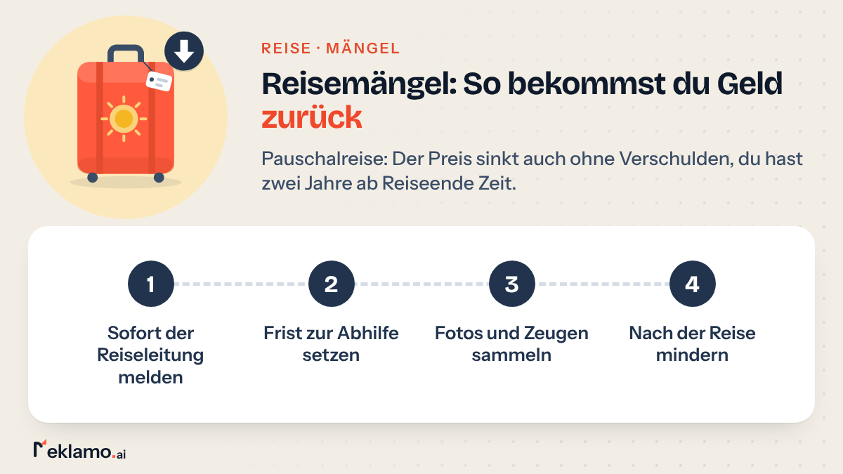Übersicht: Reisemängel sofort der Reiseleitung melden, Frist zur Abhilfe setzen, Fotos und Zeugen sammeln und nach der Reise den Reisepreis mindern