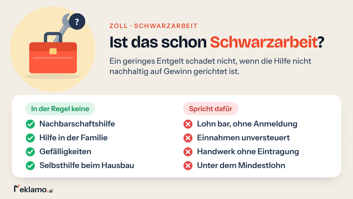 Übersicht: Schwarzarbeit melden oder nicht, Nachbarschaftshilfe und Hilfe in der Familie zählen meist nicht, Lohn bar ohne Anmeldung schon