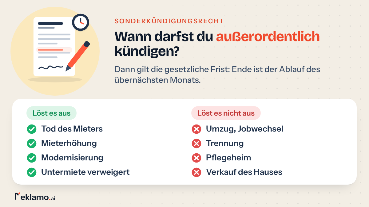 Übersicht: Sonderkündigungsrecht für die Wohnung bei Tod, Mieterhöhung, Modernisierung oder verweigerter Untermiete, nicht bei Umzug oder Trennung