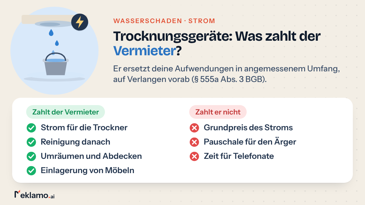 Infografik: Stromkosten durch Trocknungsgeräte nach Wasserschaden, der Vermieter ersetzt Strom, Reinigung und Einlagerung, nicht Grundpreis und Ärger