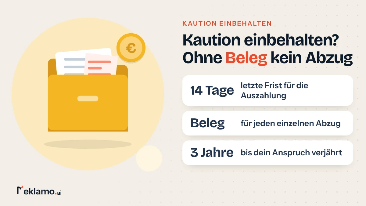 Infografik: Vermieter behält Kaution ein, Abzüge nur mit Beleg für jeden Posten, letzte Frist 14 Tage, dein Rückzahlungsanspruch verjährt nach 3 Jahren