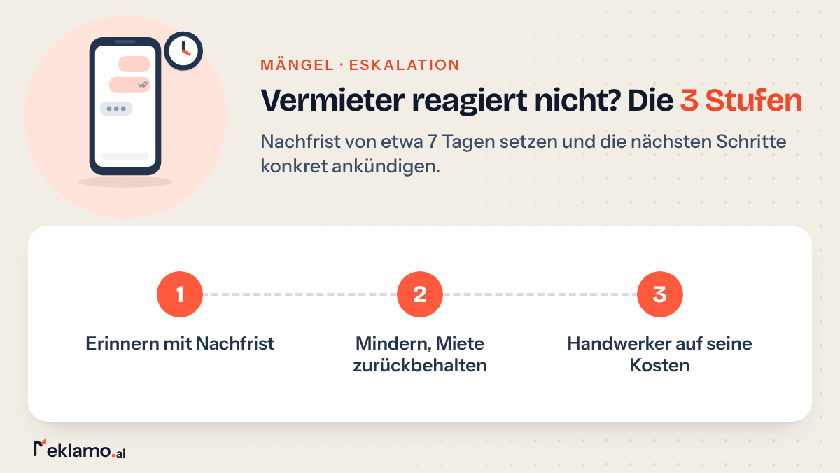 Infografik: Vermieter reagiert nicht, erst Erinnerung mit Nachfrist von ca. 7 Tagen, dann Minderung und Zurückbehaltung, zuletzt Ersatzvornahme