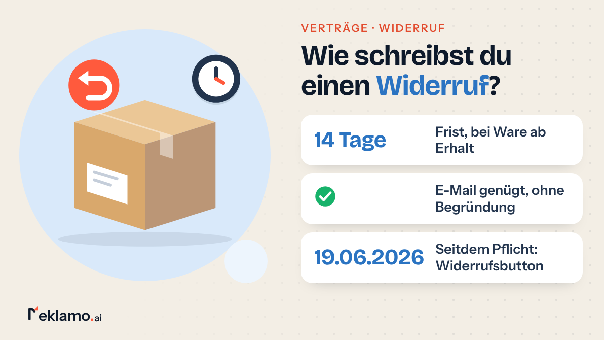 Infografik: Widerruf schreiben, Frist 14 Tage ab Erhalt der Ware, E-Mail ohne Begründung genügt, Widerrufsbutton in Online-Shops seit 19.06.2026