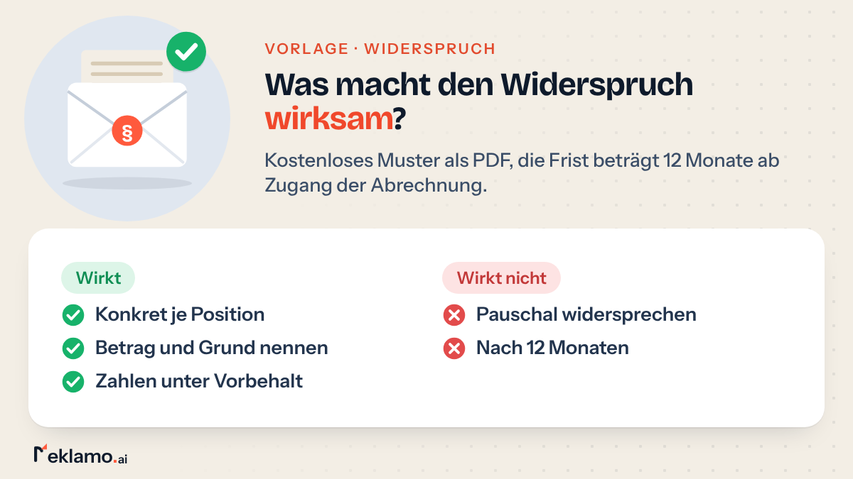Übersicht: Muster für den Widerspruch gegen die Nebenkostenabrechnung, konkret je Position mit Betrag und Grund, pauschal oder zu spät wirkungslos